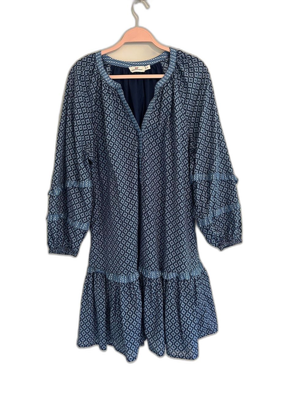 Vineyard Vines Navy Floral Print Tiered Long Sleeve Dress Preppy Coastal XL